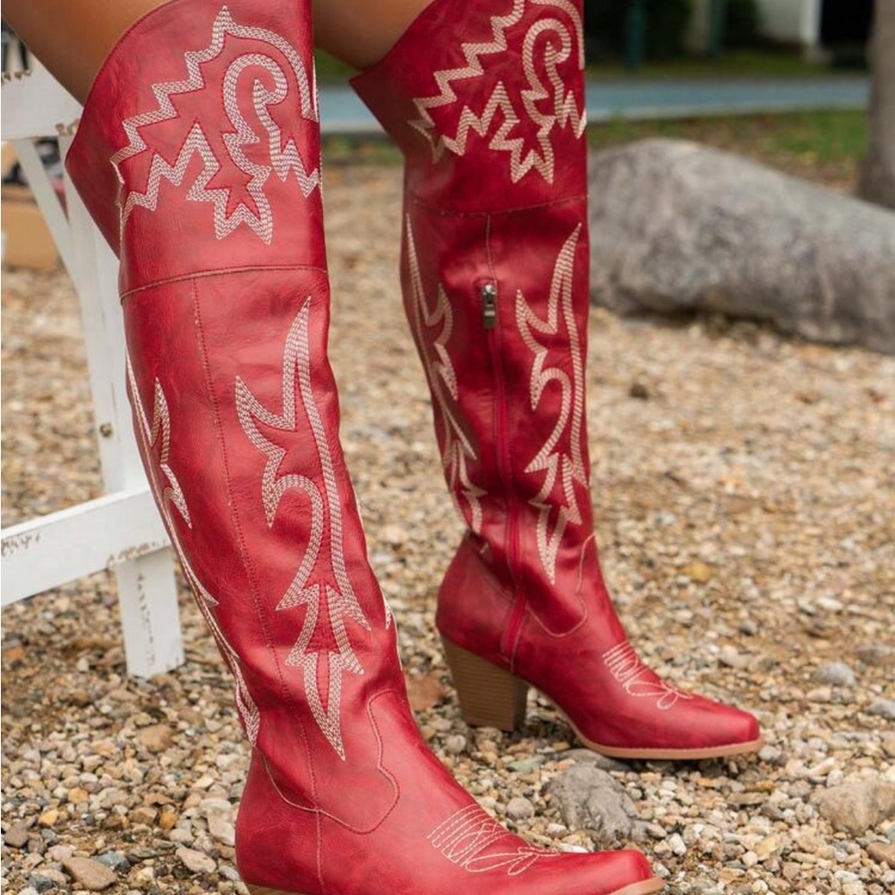 Elegant Red Embroidered Over the Knee Boots